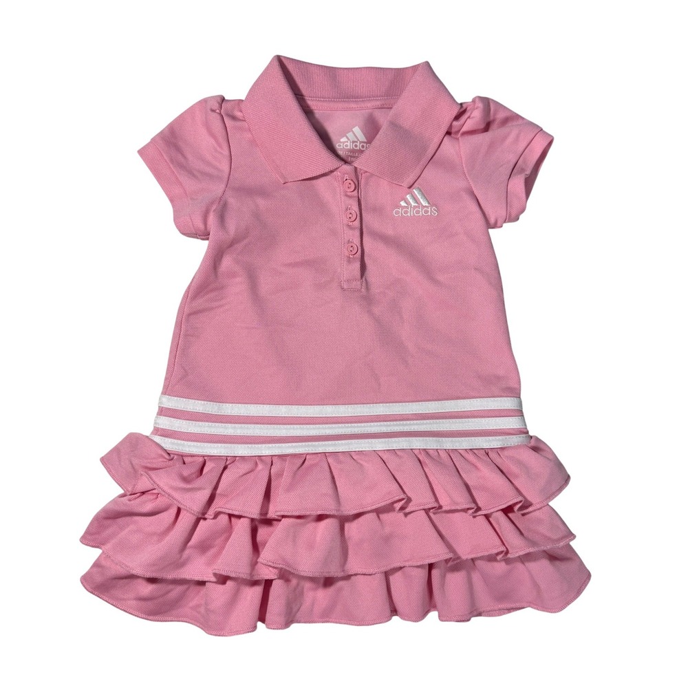 Adidas Polo Dress Baby Girls 9M Pink Excellent Ruffle Tiered 3-Stripe Logo
